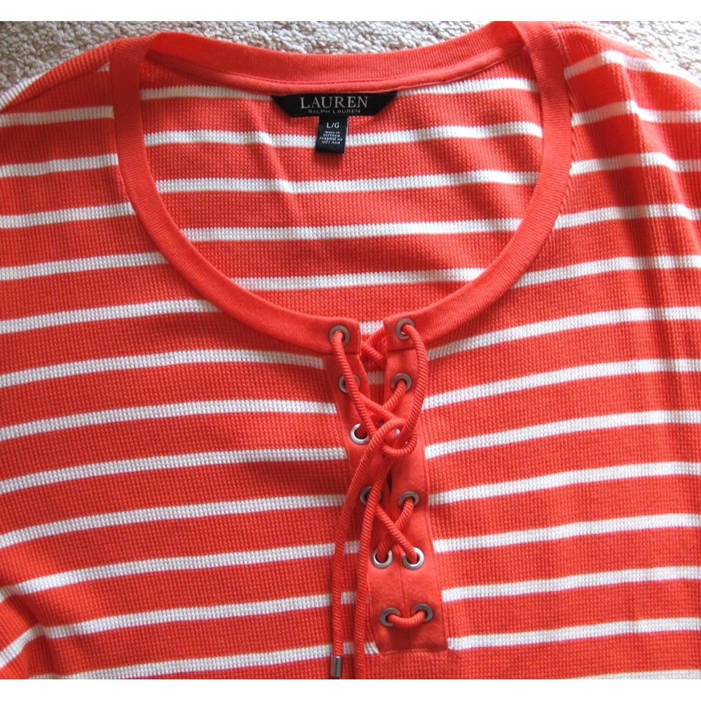 Lauren Ralph Lauren Black Label Lace Up Blouse Striped Top Women's Large Orange
